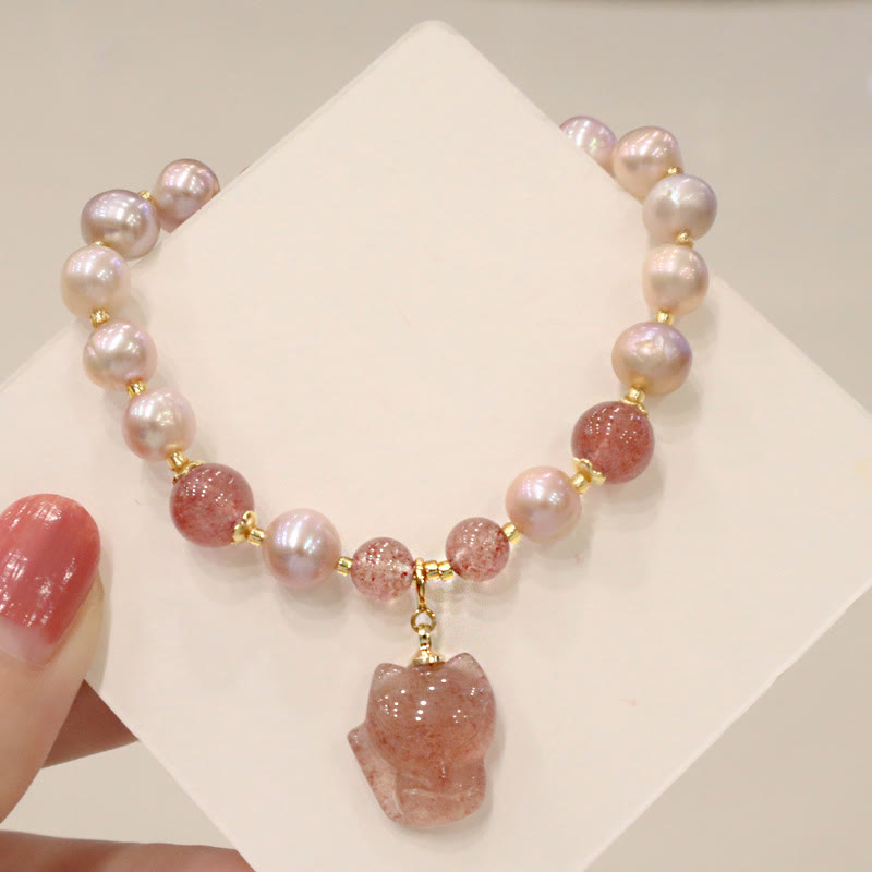 Braccialetto con ciondolo guarigione amore volpe carina perla naturale quarzo fragola Buddha Stones