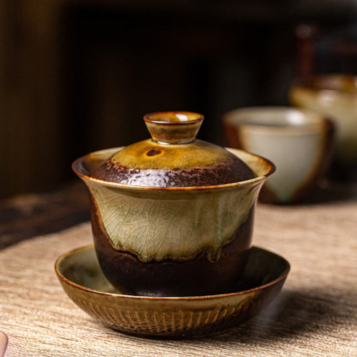 Buddha Stones Vintage Brown Kiln Change Design Porcellana Ceramica Gaiwan Sancai Tazza da tè Kung Fu Tazza da tè e piattino con coperchio