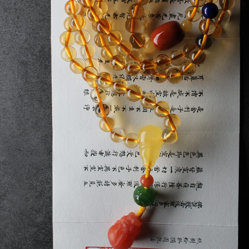 Braccialetto con ciondolo di protezione PiXiu, 108 perle di Mala, ambra citrino naturale, fibbia della pace, agata rossa - image 21