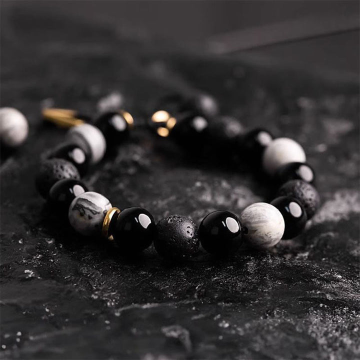 Braccialetto di forza Yin Yang in pietra lavica di ossidiana nera Buddha Stones