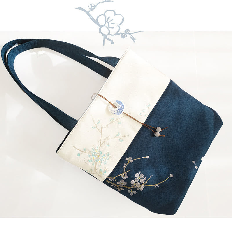 Borsa a tracolla grande capacità in tela con ricamo in bambù, prugna, fiore di pera, pesco - image 29