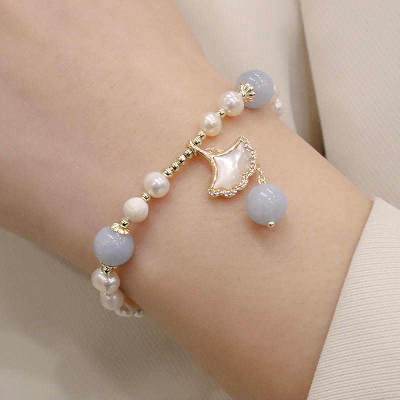 Braccialetto con ciondolo a forma di farfalla con foglia di ginkgo e perle di acquamarina naturale Buddha Stones