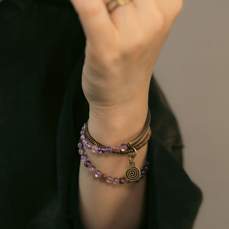 Bracciale Buddha Stones Viola Phantom Rosso Quarzo Ematoide Quarzo Rutilato Verde Rame Amore Perdona
