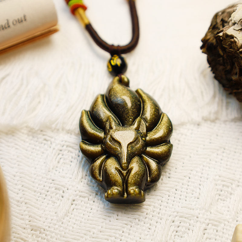 Buddha Stones Ossidiana naturale arcobaleno Oro lucentezza Ossidiana Volpe a nove code Collana pendente positivo - image 10