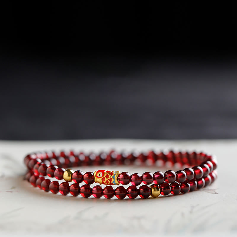 Braccialetto di protezione in granato naturale con pesce koi in oro 999 Buddha Stones - Bracciale a doppio giro con carpe koi in granato e oro da 4 mm - 17 cm - image 8