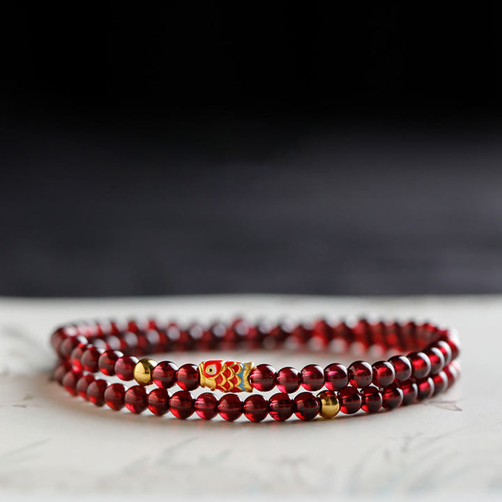 Braccialetto di protezione in granato naturale con pesce koi in oro 999 Buddha Stones - Bracciale a doppio giro con carpe koi in granato e oro da 4 mm - 17 cm - image 8