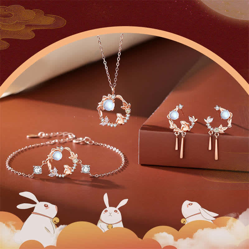 Collana con ciondolo e orecchini in argento sterling 925 con motivo a fiori di pietra lunare dell'anno del coniglio - image 9