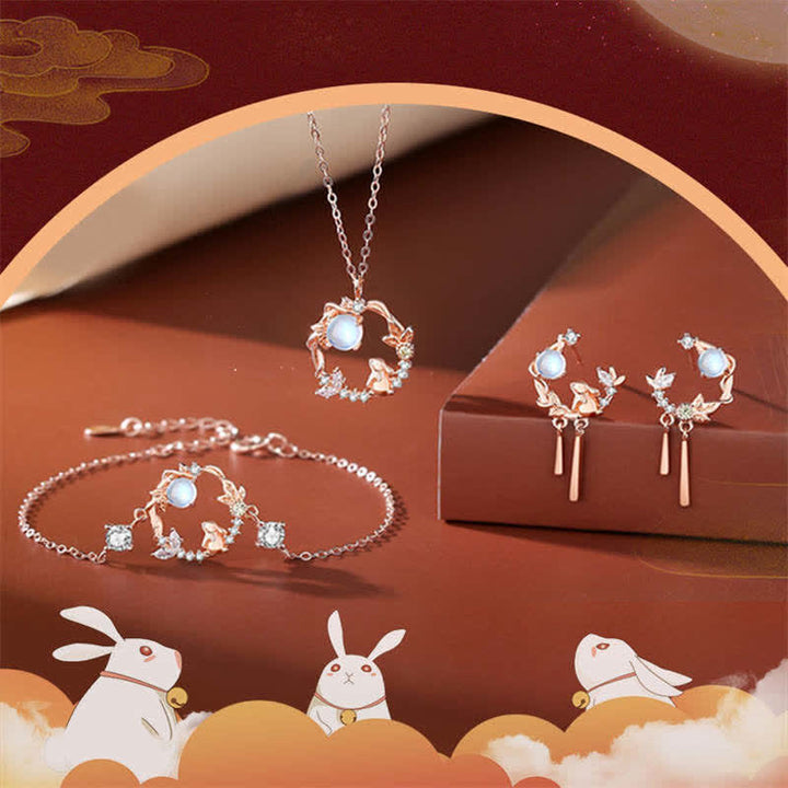 Collana con ciondolo e orecchini in argento sterling 925 con motivo a fiori di pietra lunare dell'anno del coniglio - image 9