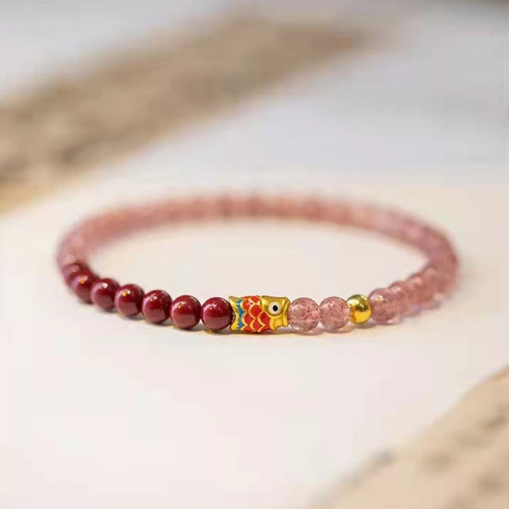 Braccialetto curativo con pesce koi portafortuna in quarzo fragola naturale cinabro Buddha Stones