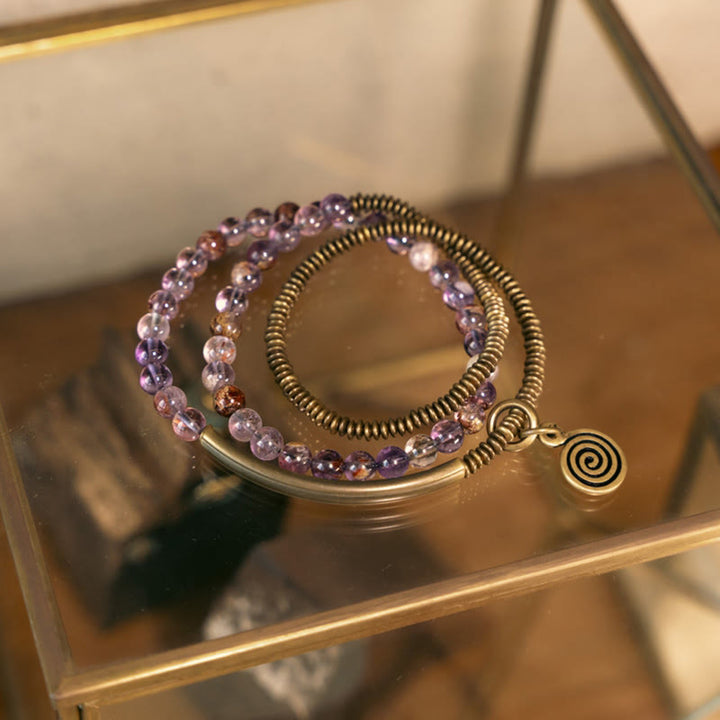 Bracciale Buddha Stones Viola Phantom Rosso Quarzo Ematoide Quarzo Rutilato Verde Rame Amore Perdona