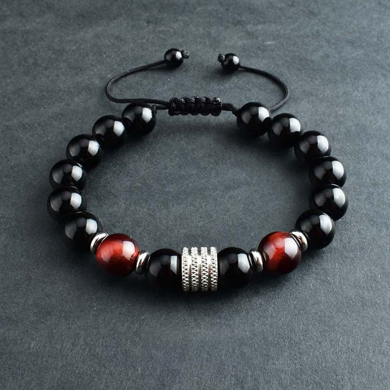 Bracciale Buddha Stones in ossidiana nera naturale con occhio di tigre e forza - Ossidiana nera e occhio di tigre rosso - Cordino intrecciato (circonferenza del polso: 17-18 cm) - image 11