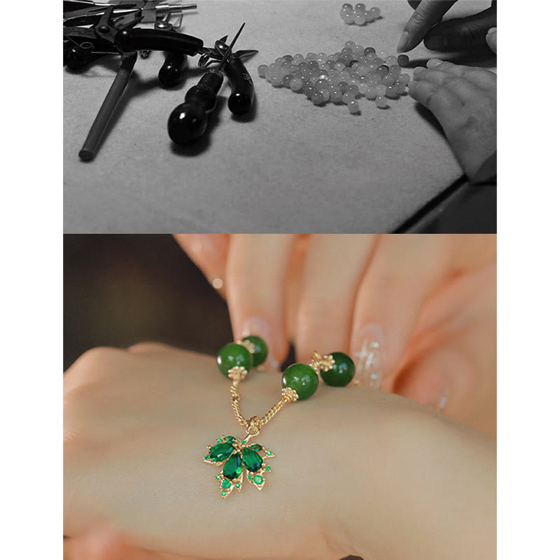 Bracciale Buddha Stones placcato oro 14k calcedonio verde foglia d'acero coraggio forza