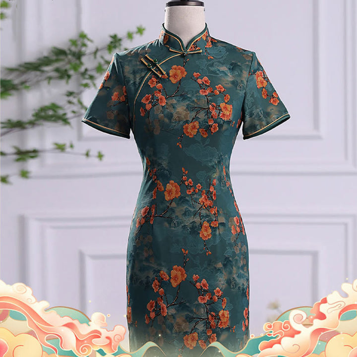 Abito da donna in cheongsam con stampa di piume di peonia e fiori di loto retrò Buddha Stones - image 5