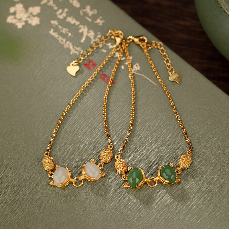 Braccialetto portafortuna con giada bianca naturale Hetian in argento sterling 925 Buddha Stones, giada ciano e volpe adorabile - image 1