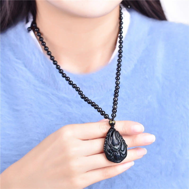 Buddha Stones Ossidiana arcobaleno naturale Volpe a nove code Collana di pace interiore Ciondolo con perline
