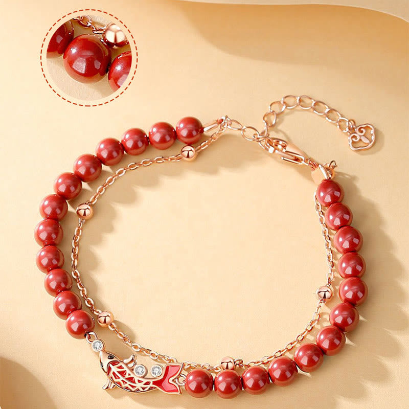 Bracciale a catena a doppio strato con zirconi e cinabro, in argento sterling 925, con pesce koi portafortuna, Buddha Stones - image 8