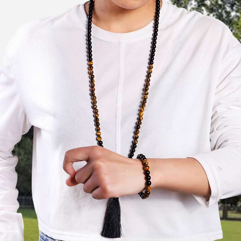 Collana di protezione con occhio di tigre in onice nero tibetano Buddha Stones Mala Set