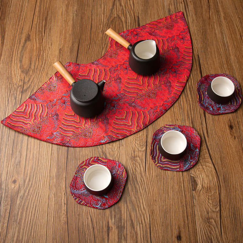 Buddha Stones Vintage Sea Wave Bamboo Plum Blossom Ricamato Tazza Sottobicchiere Tazza da Tè Kung Fu Tappetino da Tè