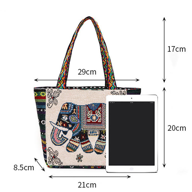 Borsa a tracolla in tela di grande capacità ricamata con elefante e farfalla , Buddha Stones