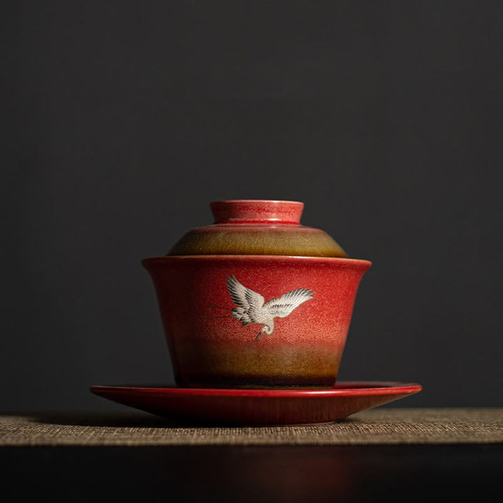 Buddha Stones Red Gru di buon auspicio Ceramica Gaiwan Sancai Tazza da tè Kung Fu Tazza da tè e piattino con coperchio