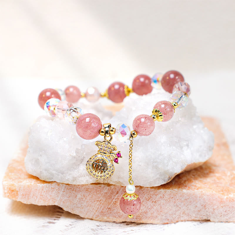Braccialetto positivo con ciondolo a forma di sacchetto di denaro in cristallo di quarzo fragola naturale Buddha Stones