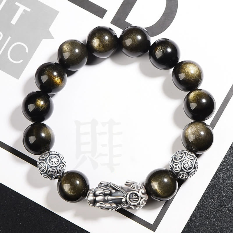 Braccialetto di protezione della ricchezza PiXiu in ossidiana naturale lucidata in argento sterling 925 Buddha Stones - 10 millimetri - image 0