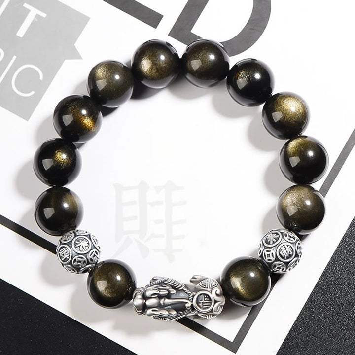 Braccialetto di protezione della ricchezza PiXiu in ossidiana naturale lucidata in argento sterling 925 Buddha Stones - 10 millimetri - image 0