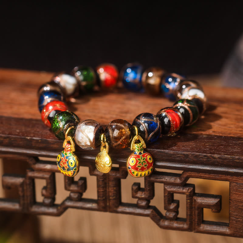 Buddha Stones Cinque Elementi Oro Bestia che deglutisce Fascino Famiglia Braccialetto Portafortuna con Perline di Vetro Liuli - Liuli Glass Bead&Small Blue Red Gold Budying Beast Family - 14 mm (15 perline) - image 5