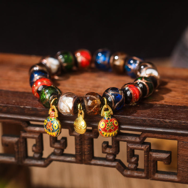Buddha Stones Cinque Elementi Oro Bestia che deglutisce Fascino Famiglia Braccialetto Portafortuna con Perline di Vetro Liuli - Liuli Glass Bead&Small Blue Red Gold Budying Beast Family - 14 mm (15 perline) - image 5