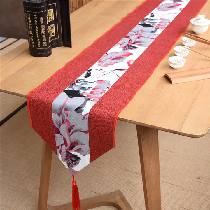 Buddha Stones Stile cinese classico Loto Koi Pesce Fiore Gru Calligrafia Illuminazione Cotone Lino Nappe Runner da tavolo
