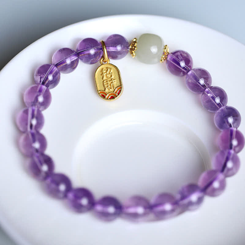 Braccialetto con ciondolo curativo in giada Hetian con cristallo di ametista naturale Buddha Stones