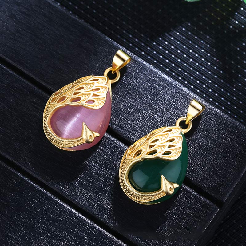 Collana pendente con ciondolo in cristallo rosa, calcedonio verde, pavone, rame, amore lenitivo - image 2