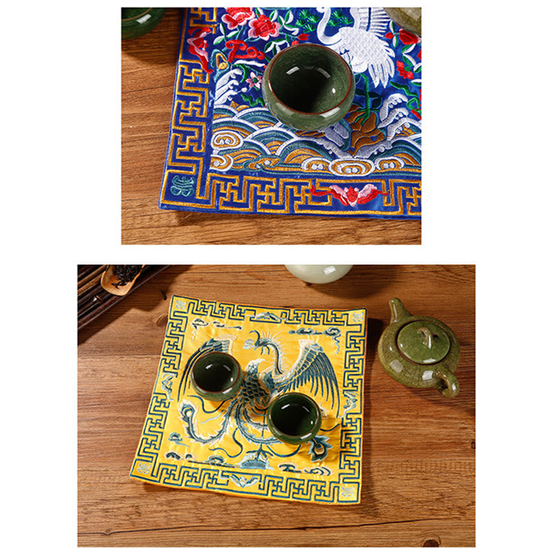Buddha Stones Gru Fenice Drago Kirin Ricamato Tazza Sottobicchiere Tazza da Tè Quadrato Kung Fu Tappetino da Tè