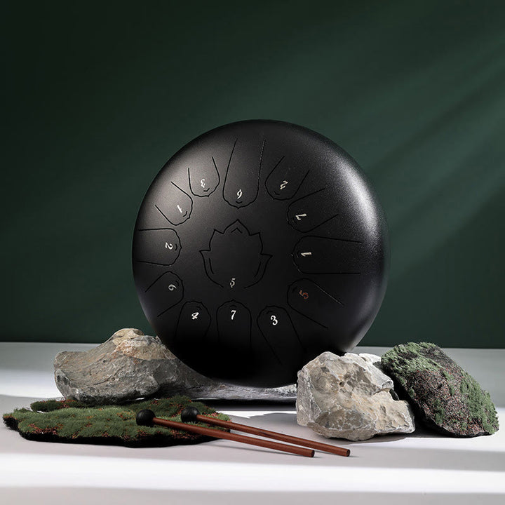 Buddha Stones Steel Tongue Drum Sound Healing Mindfulness Lotus Pattern Yoga Drum Kit 13 Note 12 Pollici Strumento a percussione