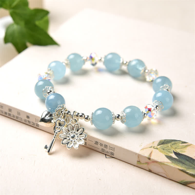 Bracciale con ciondolo a forma di chiave dell'amore con fiore di serenità in argento sterling 925 e acquamarina naturale Buddha Stones - image 6