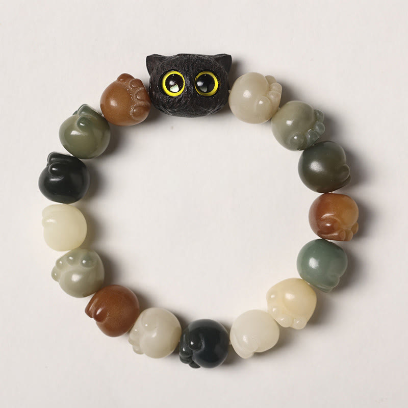 Buddha Stones Semi di Bodhi naturali Zampa adorabile Braccialetto di saggezza del gatto fortunato in legno di ebano - Semi di Bodhi multicolore - Versione semplice (circonferenza del polso 14-15 cm) - image 1