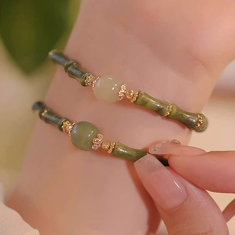Braccialetto della fortuna con motivo di bambù in giada Hetian con peridoto placcato in rame 14K Buddha Stones