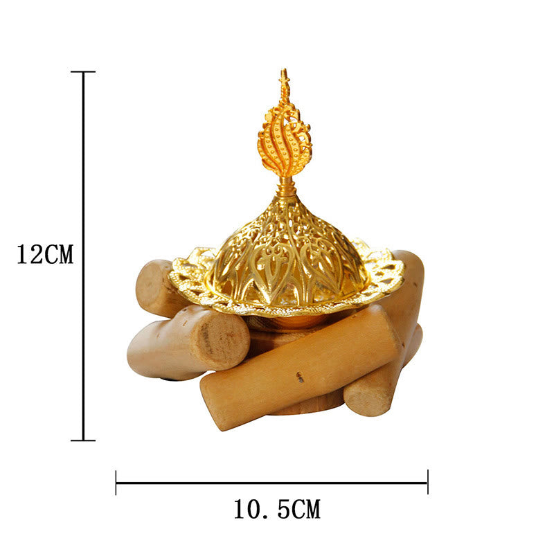 Mini bruciatore di incenso curativo in lega d'oro con sottobicchiere in legno, decorazione per la casa