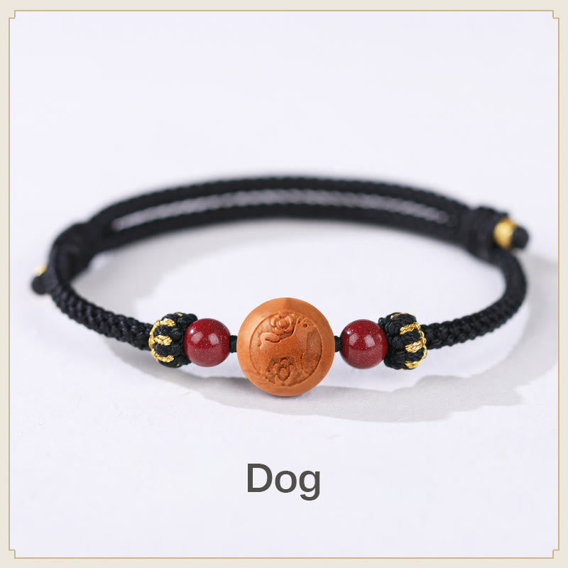 Braccialetto della ricchezza in cinabro intagliato con carattere dello zodiaco cinese Fu in legno di pesca naturale Buddha Stones - Cane - Nero (circonferenza del polso 14-18 cm) - image 24