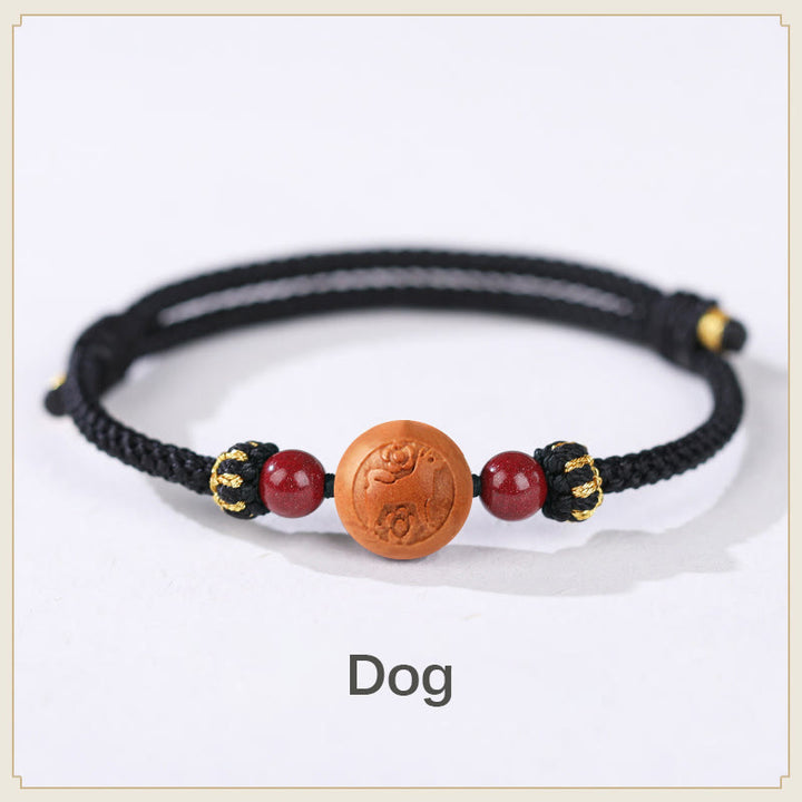 Braccialetto della ricchezza in cinabro intagliato con carattere dello zodiaco cinese Fu in legno di pesca naturale Buddha Stones - Cane - Nero (circonferenza del polso 14-18 cm) - image 24