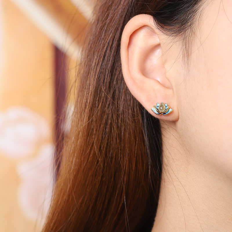 Orecchini di successo in argento sterling 925 con fiore di loto in giada ciano Hetian - image 1