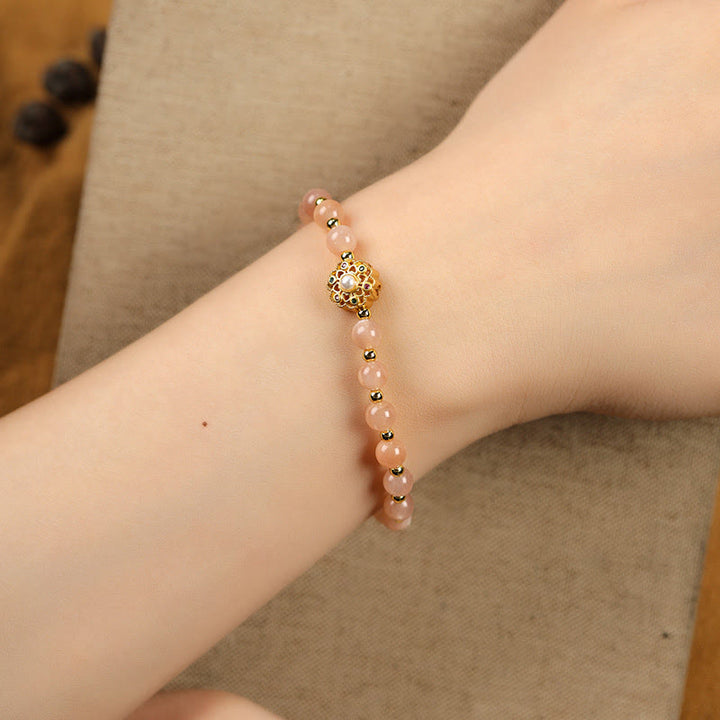 Bracciale con ciondolo positivo Fu Character Buddha Stones placcato oro 14K, quarzo fragola naturale Labradorite Sun Stone
