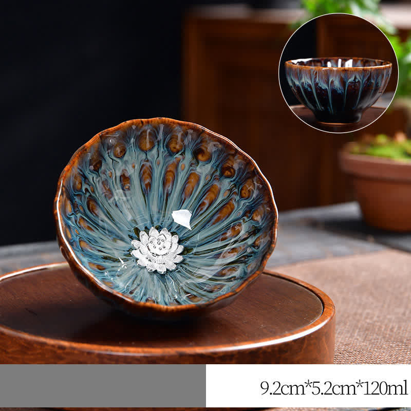 Buddha Stones Lotus Pavone Drago Fenice Koi Pesce Tazza da tè in ceramica Tazze da tè intarsiate 120ml - Argento - Loto - image 16