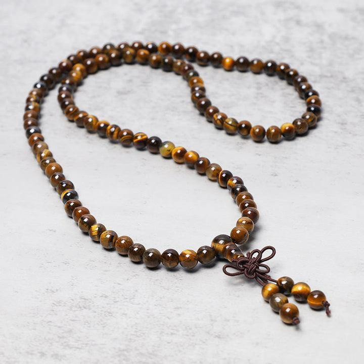 Buddha Stones Tibetano 108 Perle di Pietra Preghiera Occhio di Tigre Naturale Mala Bracciale Collana