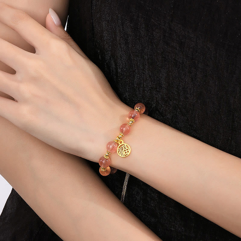 Bracciale con ciondolo positivo Fu Character Buddha Stones placcato oro 14K con quarzo fragola naturale