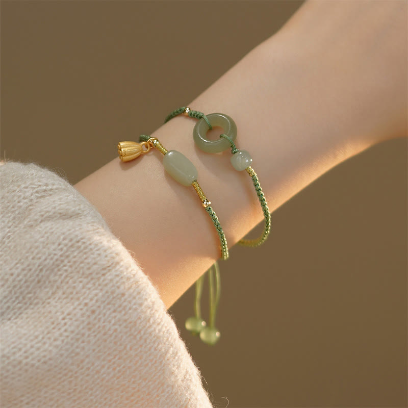 Braccialetto con ciondolo a forma di corda con Buddha Stones , ciondolo a forma di loto, giada e ciondolo per la pace