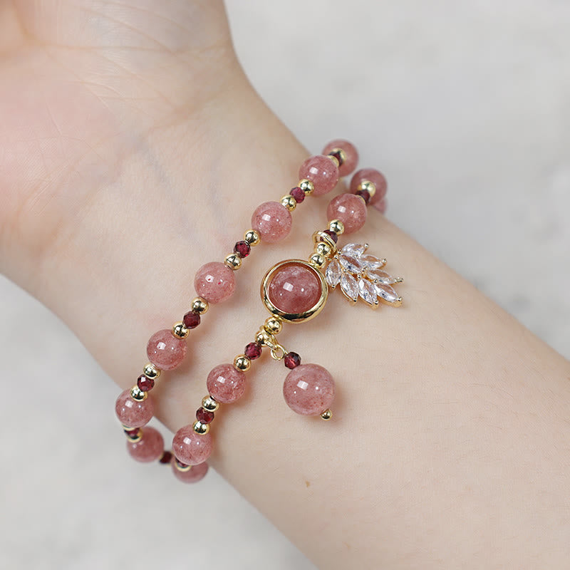 Braccialetto a doppio giro con ciondolo a forma di foglia d'acero con quarzo fragola naturale Buddha Stones Love Healing
