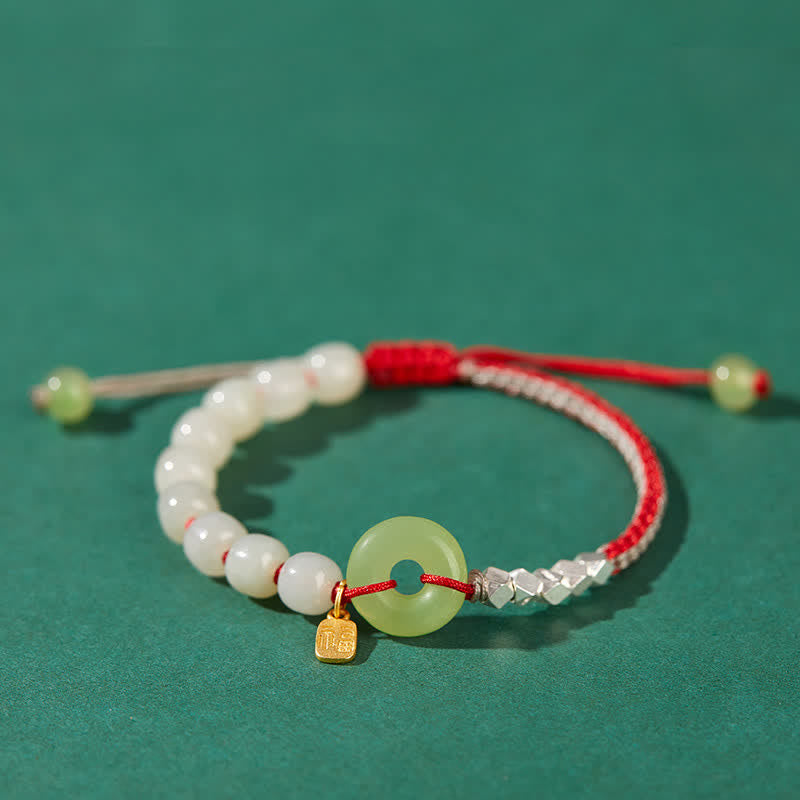 Braccialetto con ciondolo di fortuna e felicità con perline e fibbia della pace in giada Hetian in argento sterling 925 Buddha Stones - Rosso - image 0