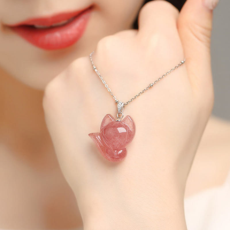 Collana con ciondolo curativo a forma di volpe in quarzo fragola placcato oro 14k, in argento sterling 925 Buddha Stones - image 6