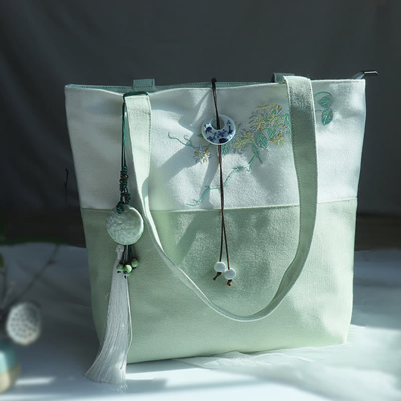 Borsa a tracolla grande capacità in tela con ricamo in bambù, prugna, fiore di pera, pesco - image 36